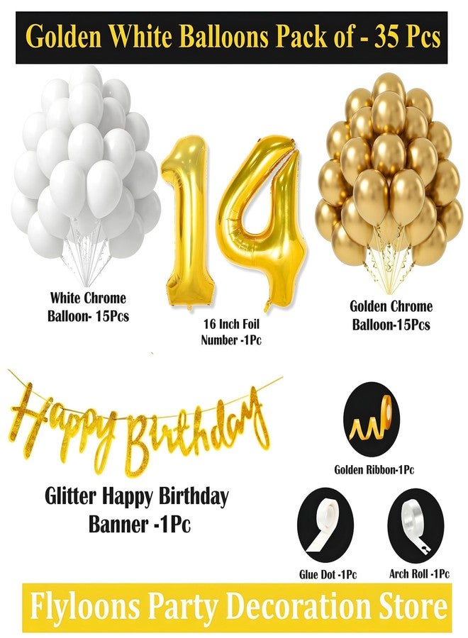 Flyloons 14th Birthday Decoration Items Gold and White Theme Combination for Boys Girls| 30 Pcs Gold White Color Balloons| Gold Happy Birthday Cursive Glitter Banner| Arch Tape| Glue Dots - Image 2